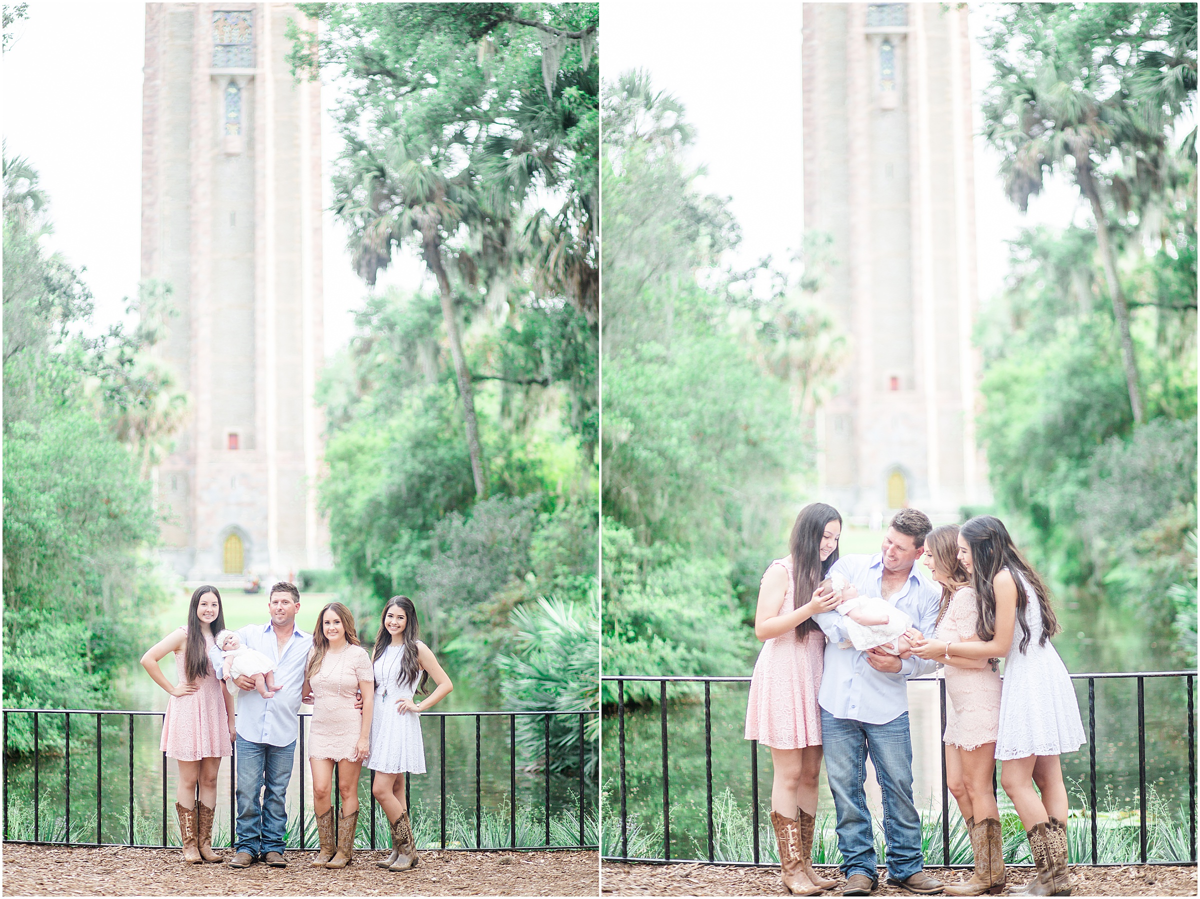 Jessica & Brad, along with their family, take photos in front of the Tower at Bok Tower Gardens in Lake Wales, Florida.