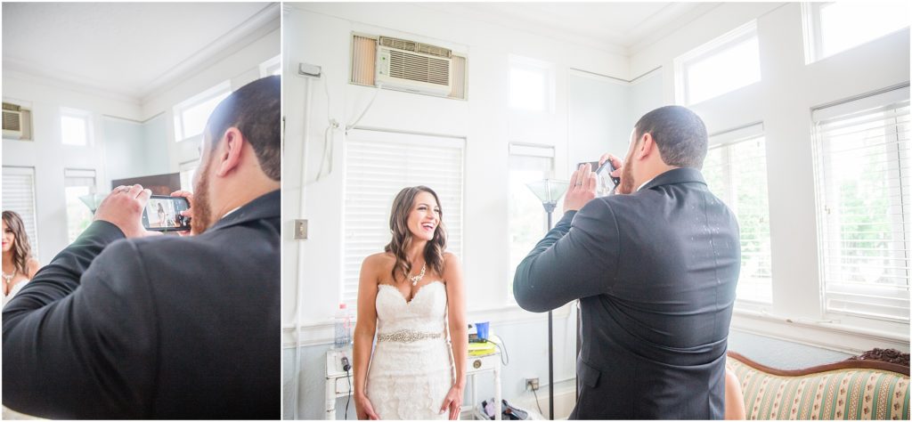 Candid moment of Bride & Groom in the Sorosis Building Bridal Room.