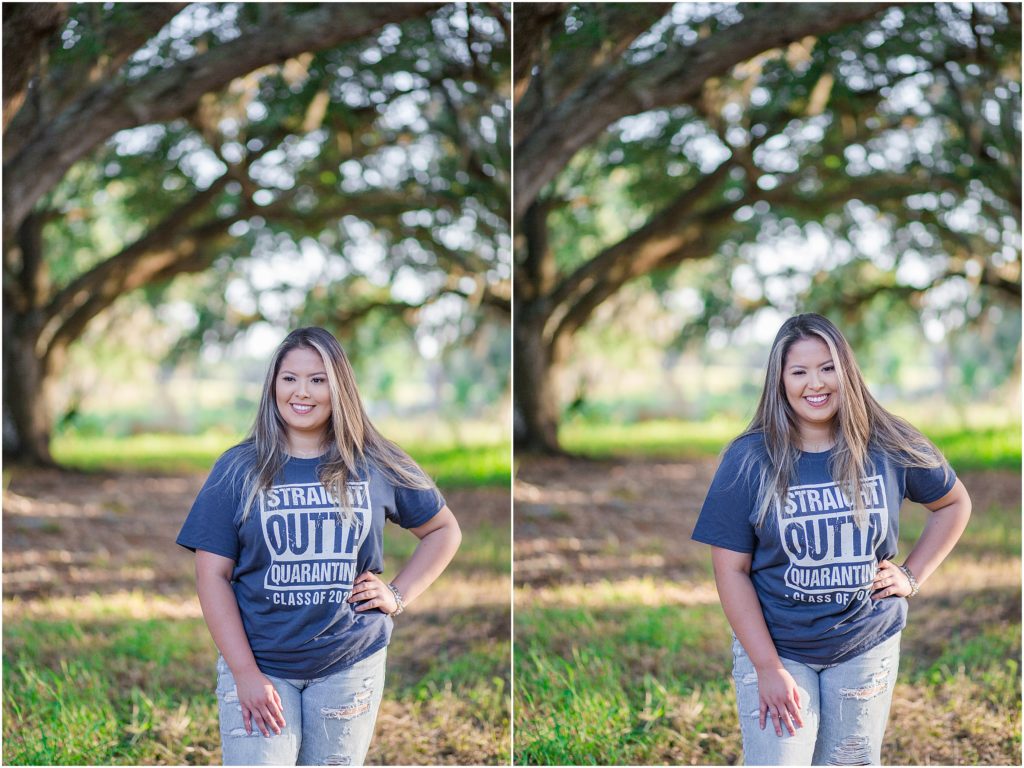 Class of 2020, the year of COVID-19 Quarantine, senior Stephanie poses for graduation, senior photos in an open field in Zolfo Springs, Florida.